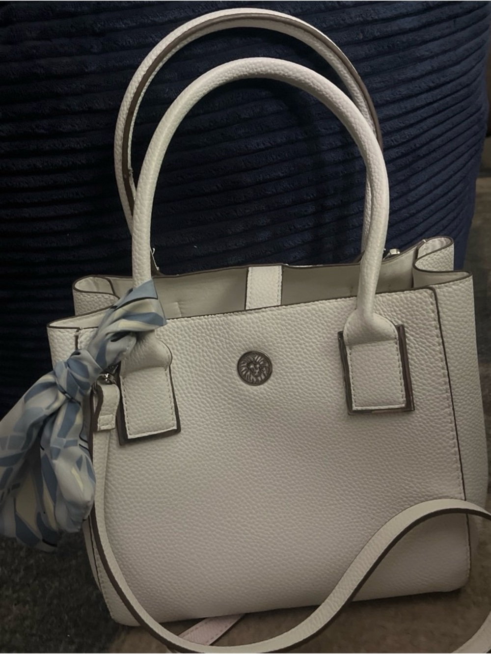 Anne Klein White Pebbled Leather Tote with Scarf Accent